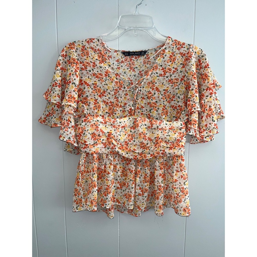 Zara Collection Blouse Floral Size Small Orange White Summer Spring Top Ruffle